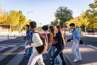 Sırt çantaları ve kitaplarıyla çeşitli üniversite öğrencileri yaya geçidinde yürüyor, gülümsüyor ve konuşuyor, güneşli bir günde eğitimi, arkadaşlığı ve öğrenci hayatını temsil ediyorlar.