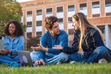 Çeşitli üniversite öğrencileri yeşil çimlerin üzerinde oturmuş laptoplarla konuşuyor ve ders çalışıyor. Kampüste sıcak bir öğleden sonranın keyfini çıkarıyorlar.
