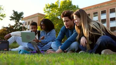 Bir grup çok kültürlü genç üniversite öğrencisi, kampüsün yeşil çimlerinde oturup güneşli bir günün tadını çıkarırken birlikte dizüstü bilgisayar kullanarak ders çalışıyor ve grup projesi üzerinde çalışıyorlar.