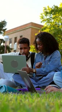Kampüs parkının yeşil çimlerinde oturan çok ırklı üniversite öğrencilerinden oluşan bir grup, ortak ve olumlu bir atmosferde laptoplarında birlikte çalışıp çalışıyorlar.