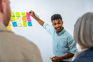 Genç adam gülümsüyor ve yeni iş fikirlerini sunuyor. Ofisteki meslektaşlarıyla beyin fırtınası yaparken beyaz tahtaya renkli yapışkan notlar yazıyor.