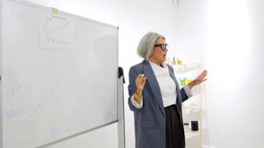 Toplantıyı yöneten ve büyüme stratejisini açıklayan kendinden emin üst düzey bir kadın yönetici, parlak bir ofiste çizelge ve diyagramlarla dolu bir beyaz tahtanın yanında dururken özellikle işaret ediyor.