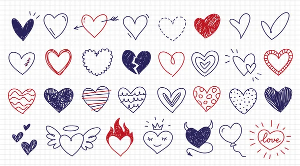 Cute Funny Hearts Icon Set Doodle Style Squared Notebook Paper Vecteur En Vente