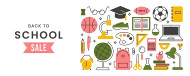 Okul malzemeleri ikonları koleksiyonuyla okul pankartımıza dönüyoruz..