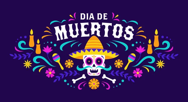 Dia Los Muertos Färgglada Banner Med Calavera Sombrero Mexikanska Dagen — Stock vektor