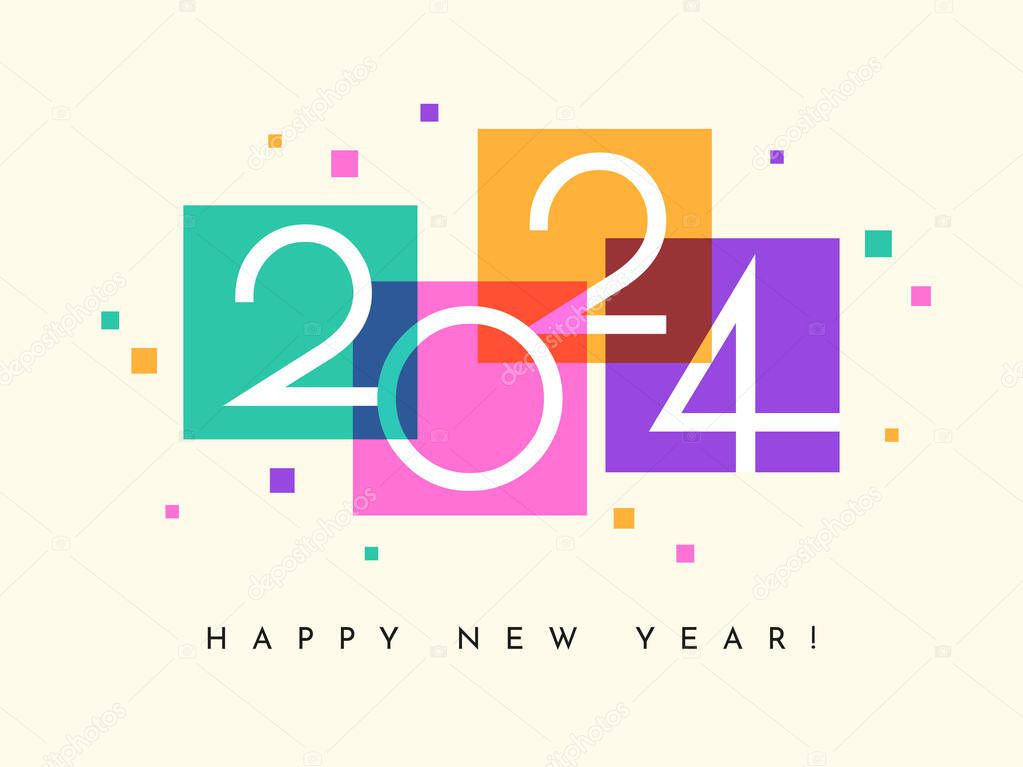 Happy New Year 2024 horizontal banner, calendar or greeting card design template. Colorful background with square shapes and geometric numbers.