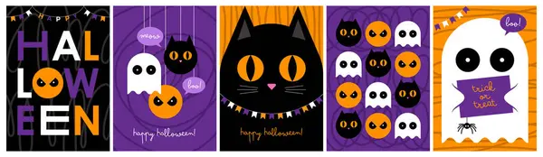 Conjunto Cinco Tarjetas Felicitación Halloween Pancartas Carteles Con Lindo Gato — Vector de stock