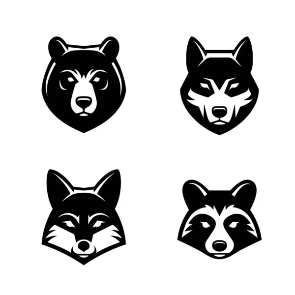 Медведь Волк Лиса Енот Икона Лица Логотип Набор Символы Головы — стоковый вектор