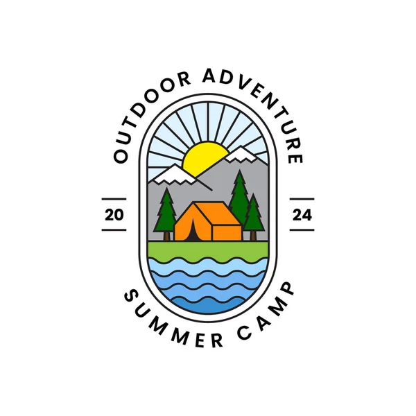 Logo Linéaire Coloré Pour Camp Été Avec Montagnes Tente Symbole Vecteur En Vente