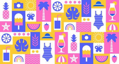 Izgara bloklarındaki sembol ve simgelerle renksiz yaz şablonu veya arkaplan.