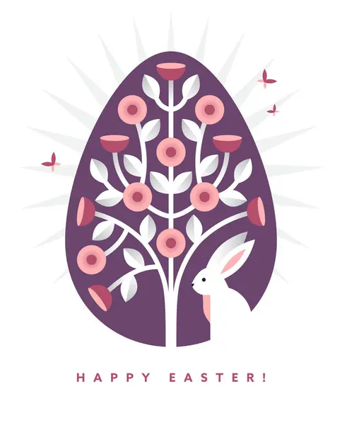 复活节贺卡 上面有盛开的花朵和形状如蛋的兔子图案 免版税图库插图