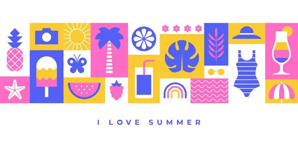 夏季横幅 彩色图标和符号呈块状 矢量图形