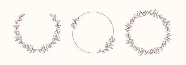 一套三幅优美的花框 呈圆形 线形矢量花环与分枝 婚礼标志或邀请函设计元素 免版税图库矢量图片