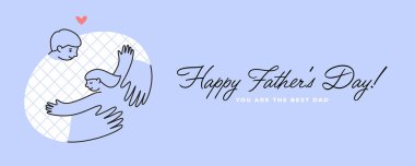Babalar Günü 'nüz kutlu olsun. Yatay tebrik kartı ya da afiş tasarımı. Baba ve kızın kucaklaşmasının grafiksel çizimi.
