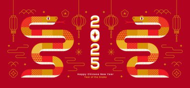 Yeni Yıl 2025 tebrik kartı ya da afiş tasarımı iki yılan ve Çin dekoratif unsurları ile.