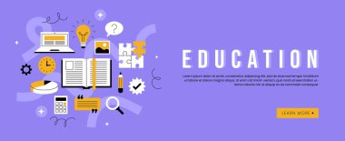 Okul arz simgeleri ve öğrenme süreci sembolleriyle çevrimiçi eğitim web pankartı