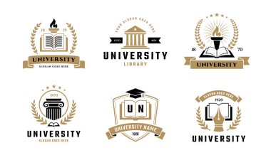 Üniversite, üniversite, okul veya akademi klasik tarz logo seti Vol 1. Eğitim etiketi, amblem ya da rozet koleksiyonu. Açık kitap, mezuniyet şapkası, dolmakalem simgesi.