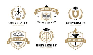 Üniversite, üniversite, okul veya akademi klasik tarz logo seti Vol 2. Eğitim etiketi, amblem ya da rozet koleksiyonu. Açık kitap, mezuniyet şapkası, meşale simgesi.