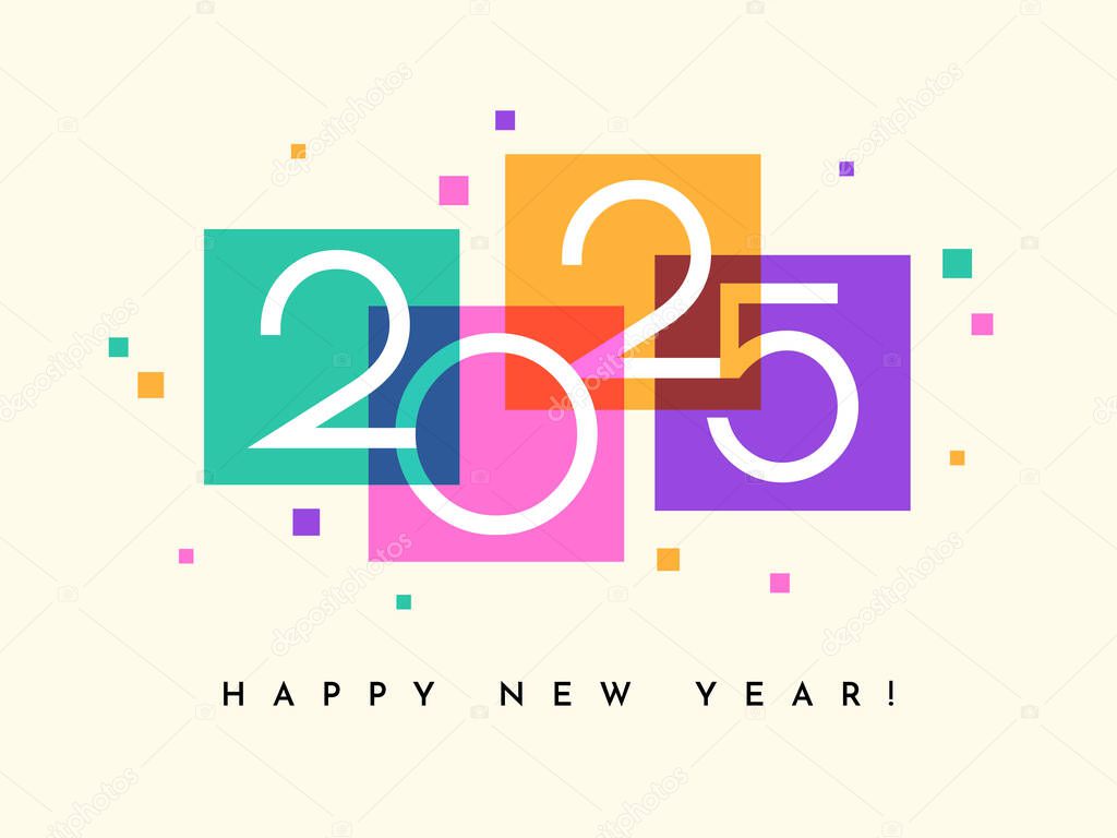 Happy New Year 2025 horizontal banner, calendar or greeting card design template. Colorful background with square shapes and geometric numbers.