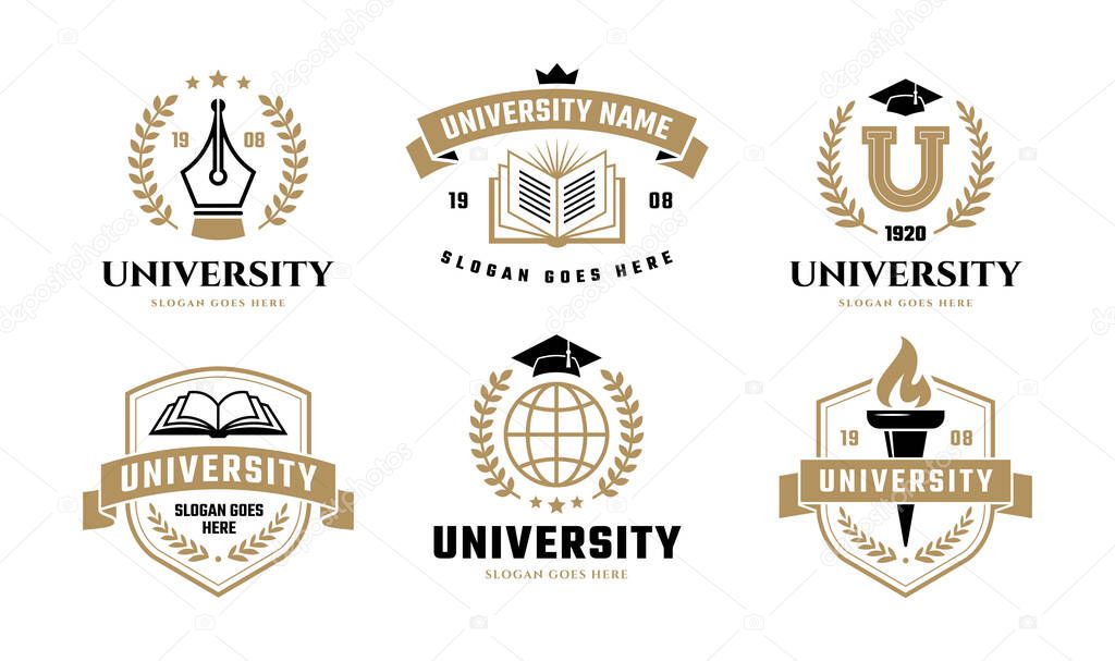 University, college, school or academy classic style logo set Vol 2. Education label, emblem or badge collection. Open book, graduation hat, torch icon.