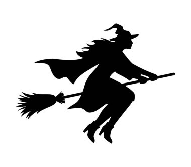 Süpürgeye binen cadının silueti. Cadılar Bayramı vektör illüstrasyonu.