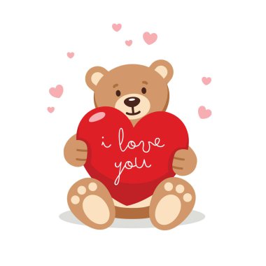 Oyuncak ayının elinde kırmızı bir kalp var. Mesajını seviyorum. Sevgililer günü, doğum günü, anneler günü ya da bebek partisi tebrik kartı tasarımı..