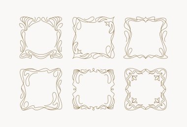 Art Nouveau modern tarz kare çiçek çerçevesi seti. Vektörde zarif doğrusal dekoratif tasarım ögesi.