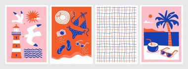 Yaz posterleri asılıydı. 2 tanesi palmiye ağacı, deniz feneri, martılar, bikini, parmak arası terlikler ve soyut dikişsiz desenli. Seyahat ve tatil geçmişi, afiş veya tebrik kartı tasarımı.