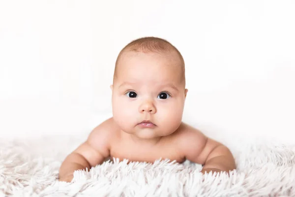 Retrato Uma Criança Sobre Fundo Branco Retrato Bebê Deitado Sua Fotografias De Stock Royalty-Free