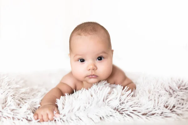 Retrato Bebé Sobre Fondo Blanco Retrato Bebé Acostado Boca Abajo Imagen De Stock