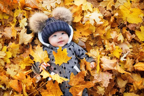 Lächelndes Baby Liegt Herbstpark Mit Bunten Ahornblättern lizenzfreie Stockfotos