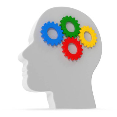 Beyin Fonksiyonu ve Zekâ, bu bilgisayar tarafından oluşturulmuş 3 boyutlu bir görüntü. Beyazda izole edilmiş.