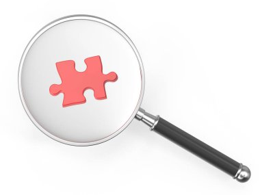 Kırmızı Bulmaca Parçalı Büyüteç, bu 3 boyutlu bir bilgisayar görüntüsü. Beyazda izole edilmiş.