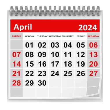 Takvim - Nisan 2024, Bu 3 boyutlu oluşturulmuş bir bilgisayar görüntüsü. Beyazda izole edilmiş.