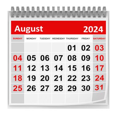 Takvim - Ağustos 2024, Bu 3 boyutlu oluşturulmuş bir bilgisayar görüntüsü. Beyazda izole edilmiş.