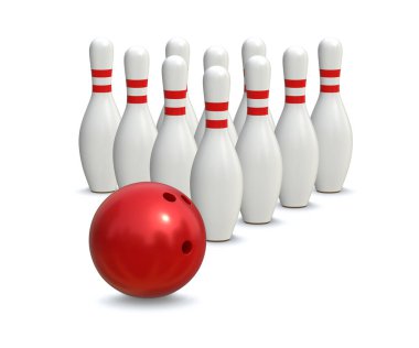 Bowling Pin and Ball, bu 3 boyutlu bir bilgisayar görüntüsü. Beyazda izole edilmiş.