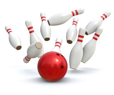 Bowling Pin and Ball, bu 3 boyutlu bir bilgisayar görüntüsü. Beyazda izole edilmiş.