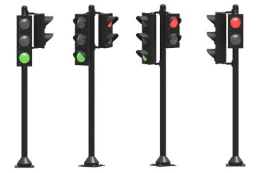 Trafik lambası seti, bu 3 boyutlu oluşturulmuş bir bilgisayar görüntüsü. Beyazda izole edilmiş.