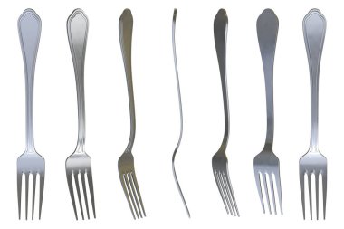 Chrome Fork Set, bu 3 boyutlu oluşturulmuş bir bilgisayar görüntüsü. Beyazda izole edilmiş.