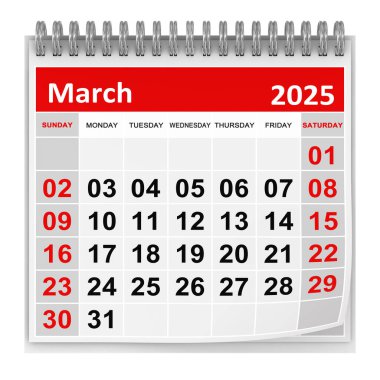 Takvim - Mart 2025, Bu 3 boyutlu oluşturulmuş bir bilgisayar görüntüsü. Beyazda izole edilmiş.