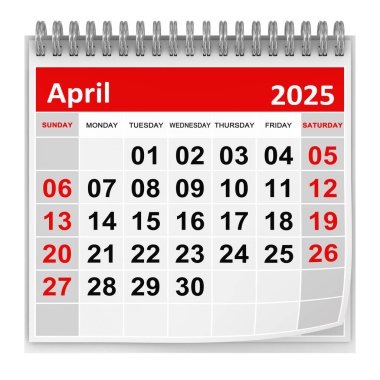 Takvim - Nisan 2025, Bu 3 boyutlu oluşturulmuş bir bilgisayar görüntüsü. Beyazda izole edilmiş.