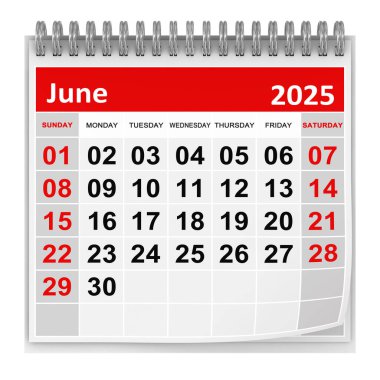 Takvim - Haziran 2025, Bu 3 boyutlu oluşturulmuş bir bilgisayar görüntüsü. Beyazda izole edilmiş.