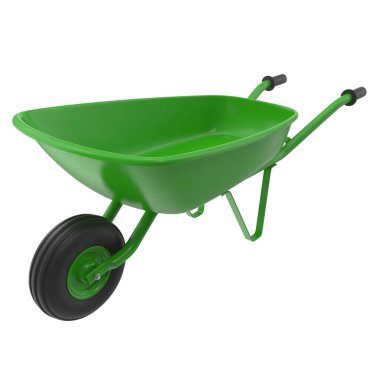 Green Wheelbarrow, bu 3 boyutlu bir bilgisayar görüntüsü. Beyazda izole edilmiş.