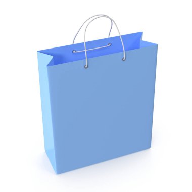 İp saplı açık mavi alışveriş çantası beyaza izole edilmiş.