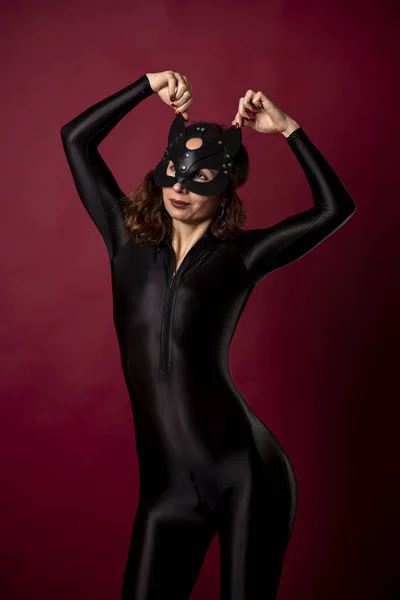 Sexy Young Woman Black Bodysuit Cat Mask Adult Role Playing — Stock Photo, Image