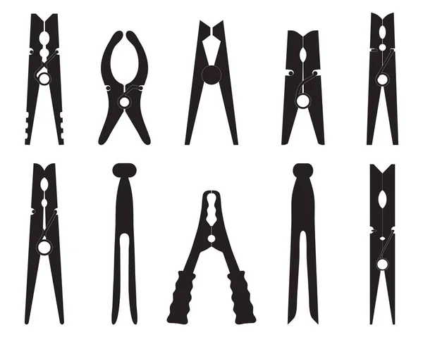 Black Silhouettes Different Clothespins White Background — Stock Vector