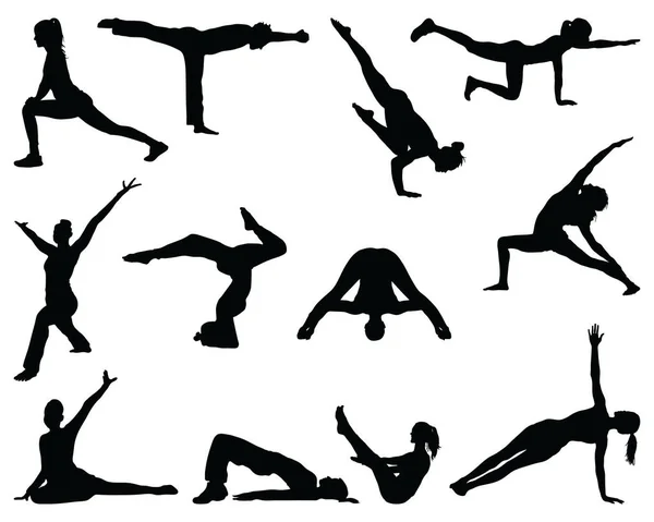 Beyaz Arka Planda Siyah Fitness Yoga Siluetleri — Stok Vektör