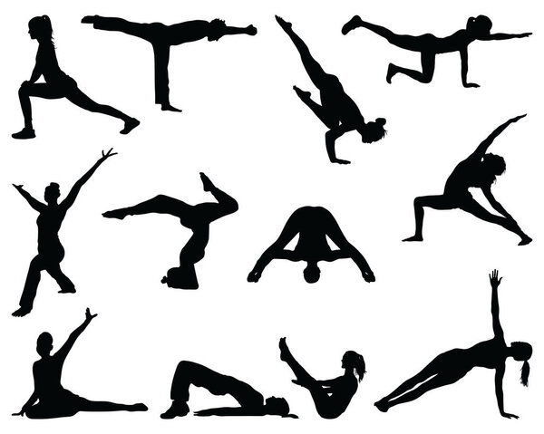 Черные силуэты фитнеса и йоги на белом фоне