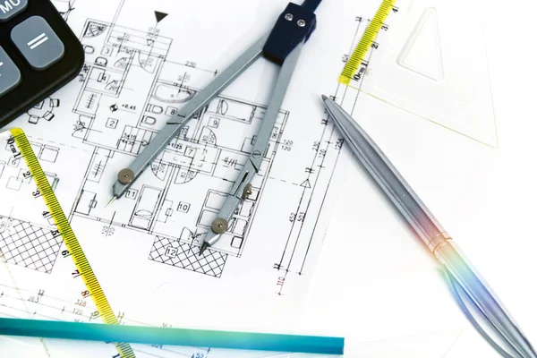 Entwerfen Eines Gebäudes Oder Einer Architektur Mit Lineal Stift Bleistift — Stockfoto