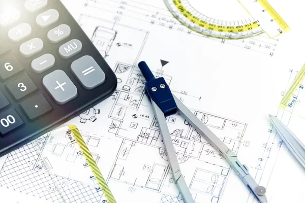 Designing Building Architecture Ruler Pen Pencil Calculator Other Equipment — Stock Photo, Image